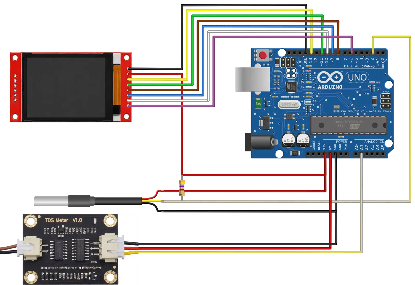 EC-Wert messen mit Arduino UNO 3 Aufbau mit Arduino UNO, TFT-Display, DS18B20 Sensor und TDS/EC-Modul
