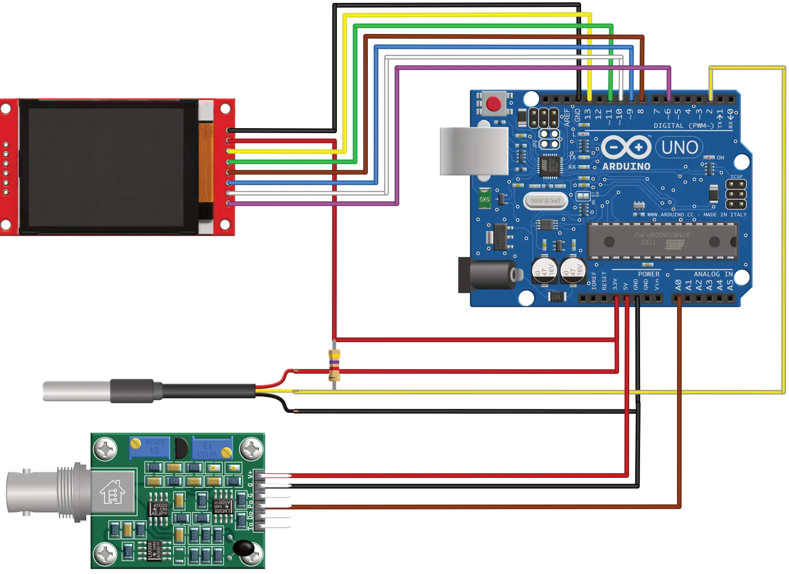 Aufbau mit Arduino UNO, Display, DS18B20 Sensor und PH Messzelle